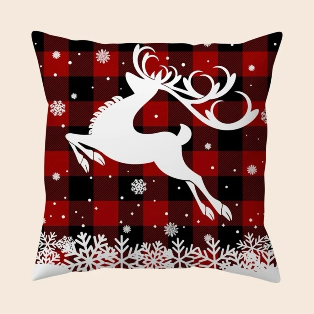 White Reindeer on Red & Black Buffalo Checkered Pillow Cover Christmas Holiday